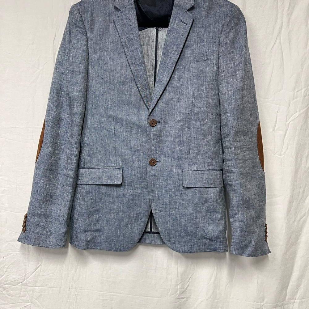 H&M blue suit jacket with brown elbows 36R